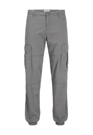 Graue Cargo-Hose aus Baumwollmischgewebe mit mehreren Seitentaschen, elastischen Bündchen und geradem Bein.