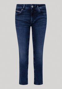 Mörkblå denimjeans med en åtsittande design, femfickorsstil, dragkedja och en enda framknapp. Slät textur med subtila blekningar.