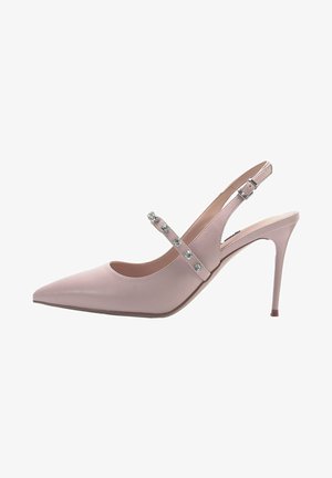 Tacco slingback a punta in pelle rosa chiaro, con una cinghia decorata con cinque piccole gemme trasparenti. Design con tacco a spillo.