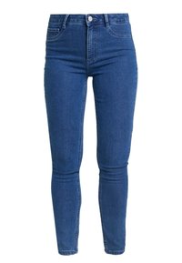 Vaqueros ajustados de denim. Color azul oscuro sólido con diseño de cinco bolsillos, cierre de cremallera y una silueta ajustada. Presenta costuras mínimas.