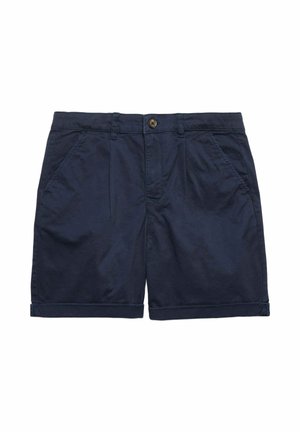 Marineblå afslappede shorts med frontknap, bæltestropper, sidelommer og en foldet kant, lagt fladt på hvid baggrund.