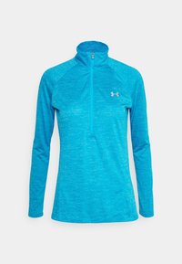 Dámské sportovní tričko s dlouhým rukávem v tyrkysové barvě s melírovaným vzorem, čtvrtinovým zipem a logem Under Armour na hrudi.