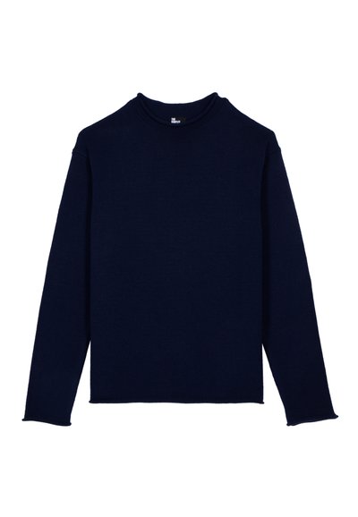 Marineblauer gerippter Pullover mit langen Ärmeln und Rundhalsausschnitt. Das Material hat eine strukturierte Oberfläche, mit fransigen Kanten an den Bündchen und dem Saum.