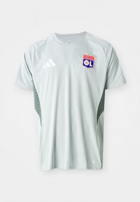 Lys grå kortermet fotballskjorte med rund hals, Adidas-logo og Olympique Lyonnais-merke foran, med strukturerte sider.