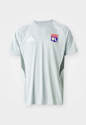 Maglietta da calcio a manica corta grigio chiaro con colletto tondo, logo Adidas e badge dell'Olympique Lyonnais sul davanti, con lati texturizzati.