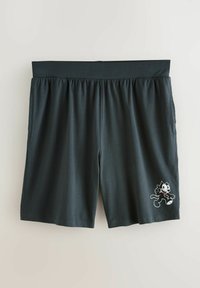 Svarta träningsshorts med elastisk midjeband. Har en tecknad kattgrafik på nedre högra benet. Tillverkad av mjukt, lätt material.