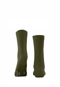 Olijfgroene katoenen sokken met geribde boorden, voorzien van een zachte textuur en een wit gedrukt logo op de onderkant. Ontwerp tot halverwege de kuit.