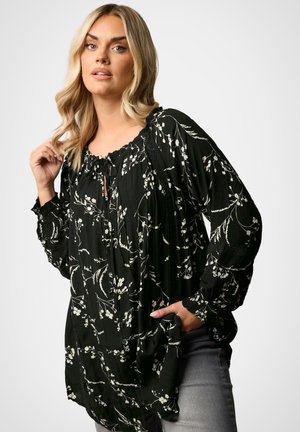 Schwarze Bluse mit Blumenmuster, langen Ärmeln, gerafftem Ausschnitt und Bindeband. Leichter Stoff mit strukturierten Akzenten und Blumenmustern.