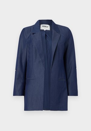 Blazer da donna blu navy con collo a risvolto, maniche lunghe, apertura frontale e tasche a spacco, con etichetta "ONLY" all'interno del collo.