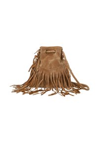 Suède emmeris in lichtbruin met lange franjes en een gevlochten handvat. Heeft een trekkoordsluiting en een gestructureerd oppervlak.