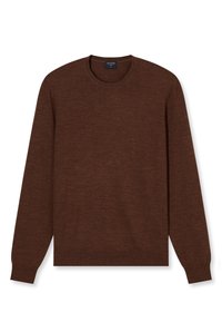 Brauner Strickpullover mit Rundhalsausschnitt, langen Ärmeln und gerippten Bündchen. Glatte Textur und schlichtes Design, das eine vielseitige, neutrale Option bietet.