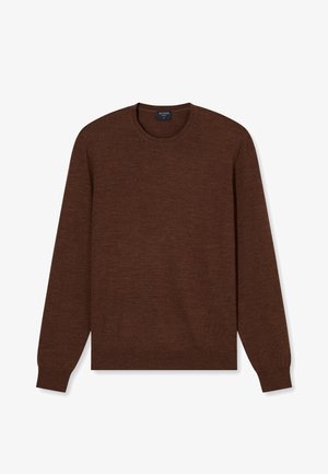 Brauner Strickpullover mit Rundhalsausschnitt, langen Ärmeln und gerippten Bündchen. Glatte Textur und schlichtes Design, das eine vielseitige, neutrale Option bietet.