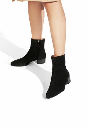 Stivaletti neri in suede con punta affusolata e tacco basso. Presentano una cerniera interna per la chiusura. Texture liscia, design minimalista.