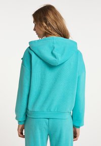 Felpa turchese con una vestibilità ampia, dotata di cappuccio e polsini a coste, realizzata in un tessuto morbido con una superficie testurizzata, abbinata a pantaloni coordinati.