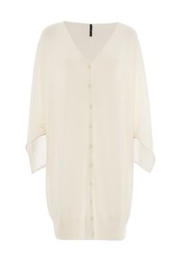 Cardigan morbido e leggero in crema con scollo a V, chiusura a bottoni frontale, spalle cadenti e orlo a coste. Presenta maniche lunghe e ampie e un motivo a maglia testurizzato.