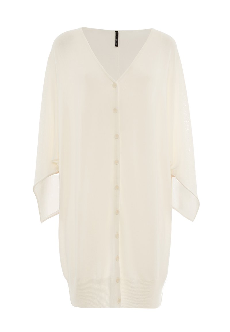 Cardigan morbido e leggero in crema con scollo a V, chiusura a bottoni frontale, spalle cadenti e orlo a coste. Presenta maniche lunghe e ampie e un motivo a maglia testurizzato.