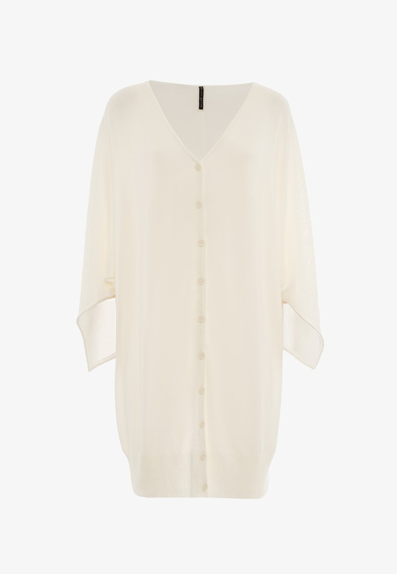 Cardigan morbido e leggero in crema con scollo a V, chiusura a bottoni frontale, spalle cadenti e orlo a coste. Presenta maniche lunghe e ampie e un motivo a maglia testurizzato.