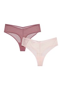 Zwei Paare Damen-Stringunterwäsche: eines in Burgunderrot und eines in Hellrosa, mit glatten Kanten und minimalistischem Design.