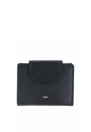 Portefeuille en cuir noir avec fermeture à rabat et un petit logo argenté centré près du bord inférieur sur fond blanc.