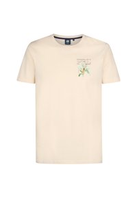 Camiseta de algodón crema con cuello redondo, mangas cortas y un pequeño diseño floral en el área del pecho izquierdo.