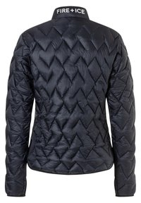 Tmavě modrá prošívaná péřová bunda s diamantovým vzorem, stojatým límcem s výšivkou "FIRE+ICE" na zadní straně. Hladká textura látky.