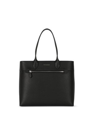 Czarna torebka typu tote z fakturowanej skóry, z dwoma uchwytami, przednią kieszenią na suwak oraz subtelnym logo marki nad suwakiem.