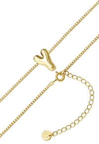 Zelta kaklarota ar teksturētu, abstraktu piekari, kas veidots kā 'Y'. Regulējama ķēde ar aizdari un apaļu logo birku.