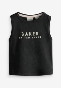 Sort ribbet tanktop med en rund halsudskæring, der har metallic guldtekst "BAKER BY TED BAKER" på forsiden.