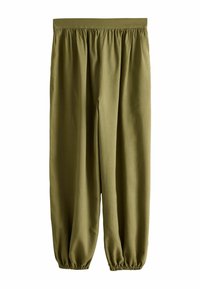 Pantalon ample vert olive avec taille élastique et poignets élastiques froncés aux chevilles, présenté sur fond blanc.