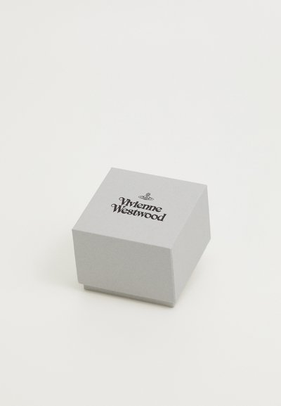 Gray paper box with a hinged lid, featuring black text "Vivienne Westwood" and a crown logo on top. Smooth texture, square shape.