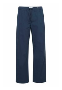 Navy blue relaxed-fit trousers made from lightweight fabric with an elastic waistband and drawstring, featuring wide legs and no visible pockets.