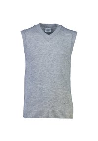 Maglione senza maniche grigio realizzato in materiale morbido, con scollo a V e orlo a coste, caratterizzato da una texture sottile.