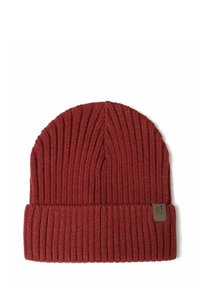Berretto a maglia rosso a coste con risvolto e una piccola etichetta logo marrone sul lato. Realizzato in un materiale morbido e texturizzato.