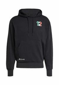 Sort hættetrøje lavet af blødt stof, med en frontlomme, snore og en flerfarvet "12" logo på brystet. Indeholder brandingdetaljer.
