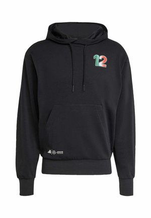 Czarna bluza z kapturem wykonana z miękkiego materiału, z kieszenią z przodu, sznurkami do regulacji i wielokolorowym logo "12" na piersi. Zawiera szczegóły dotyczące marki.