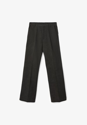 Pantaloni neri a gamba dritta con passanti per cintura, piega frontale, tasche laterali e chiusura frontale nascosta, mostrati su sfondo bianco.