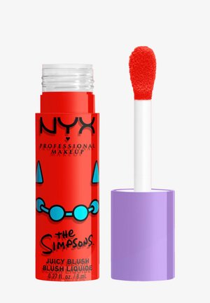 Blush liquide NYX Professional Makeup Simpsons Juicy Blush avec applicateur rouge et capuchon violet, 0,27 fl oz, décoré d'un motif de collier bleu.