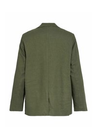 Rückansicht eines olivgrünen Blazers mit langen Ärmeln, Kragen mit Kerbe und Mittelnaht auf schlichtem weißen Hintergrund.