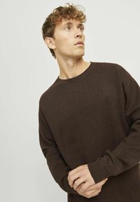 Maglione marrone a girocollo con maniche lunghe, realizzato in materiale morbido. Presenta una vestibilità rilassata e polsini a coste. Design minimalista senza fantasie.