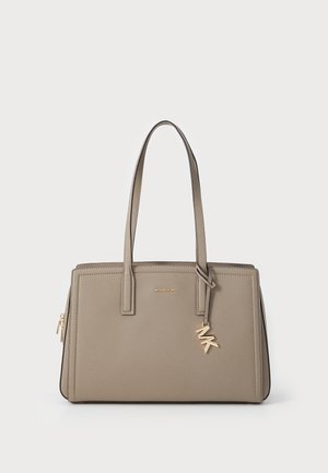 Beige structured handbag with two top handles, gold hardware, logo detailing, and a zipper closure. Smooth synthetic material.