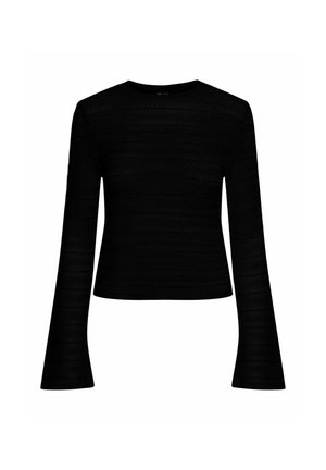 Top lungo nero a maniche lunghe con un design strutturato e a coste, scollatura rotonda e maniche a campana. Tessuto morbido con una silhouette aderente.
