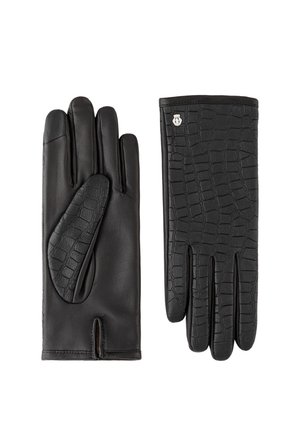 Schwarze Lederhandschuhe mit glatter Textur und Krokodilmuster-Akzent; enthalten ein markantes Logodetail.