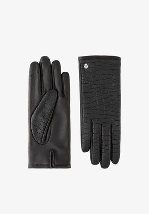 Schwarze Lederhandschuhe mit glatter Textur und Krokodilmuster-Akzent; enthalten ein markantes Logodetail.