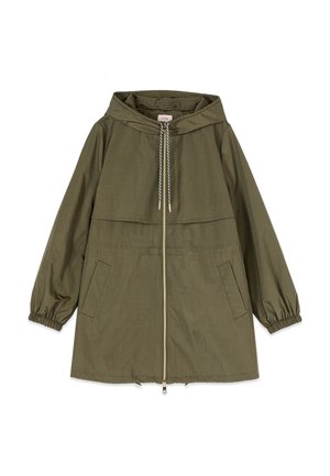 Olivgrüne Kapuzenjacke mit Frontreißverschluss, Kordelzug an der Kapuze, elastischen Bündchen und zwei Fronttaschen, entworfen für den Freizeitgebrauch.