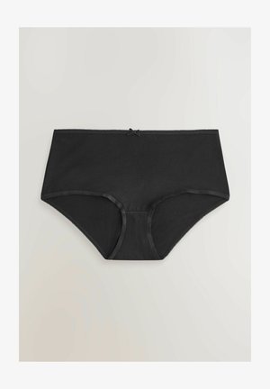 Sorte højtaljede trusser lavet af glat stof, med blondekant og en lille sløjfe detalje foran i midten.