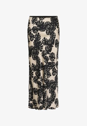 Čierna a béžová sukňa s listovým vzorom, vyrobená z hladkej tkaniny. Má priliehavý pás a splývavý strih so bočnými rozparkom.