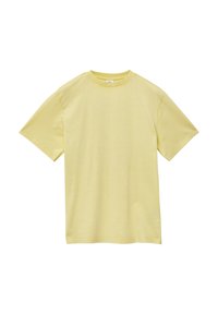 Lichtgele katoenen t-shirt met een ronde hals, korte mouwen en een relaxte pasvorm. Soepele textuur zonder zichtbare patronen of accenten.