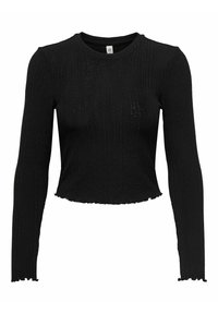 Svart ribbad crop top med långa ärmar, med rund halsringning och vågig nederkant. Mjuk textur med subtil lyster.