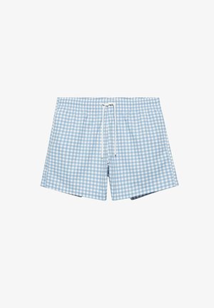 Short de bain à carreaux vichy bleu clair et blanc avec taille élastique et cordon blanc sur fond blanc.