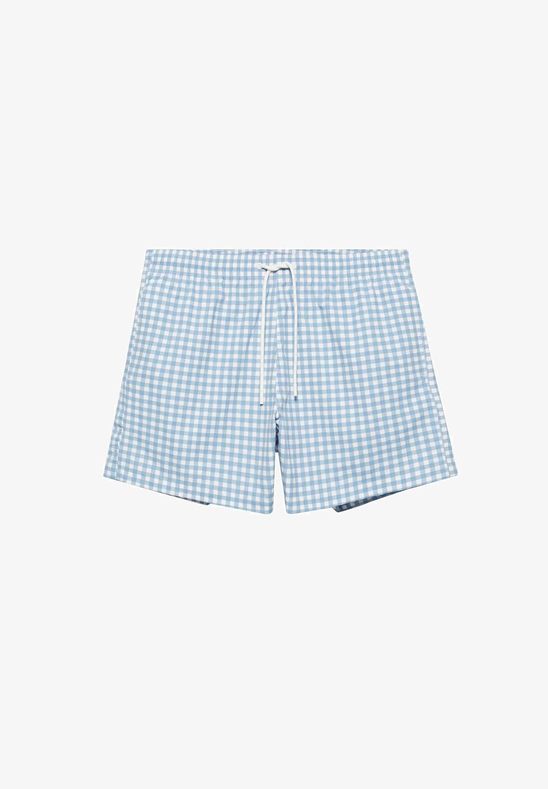 Short de bain à carreaux vichy bleu clair et blanc avec taille élastique et cordon blanc sur fond blanc.